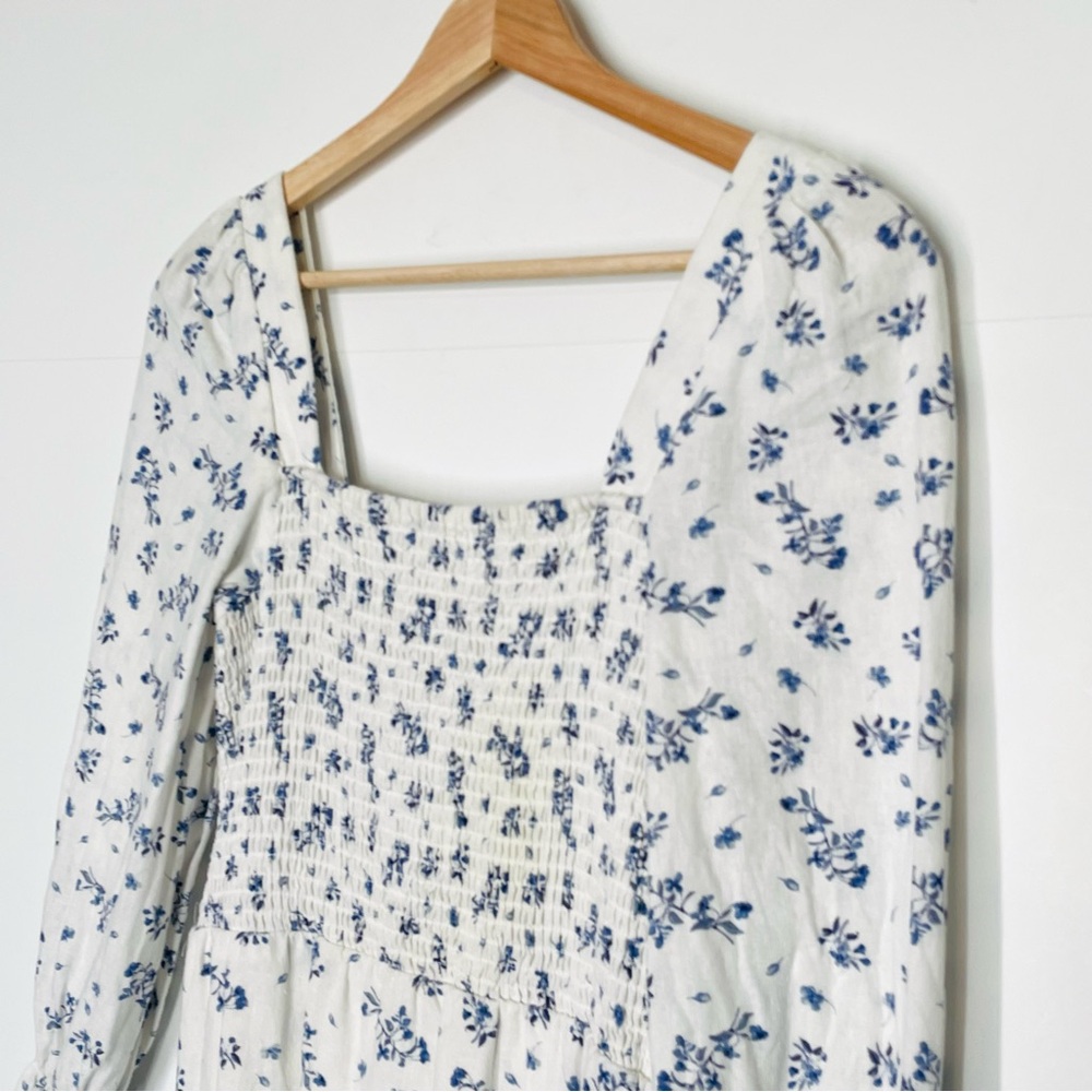 House of Harlow Dress Smocked White Floral Linen Midi Cottagecore Size XS - Picture 6 of 11